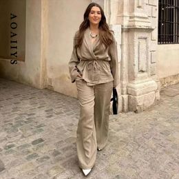 Women's Two Piece Pants Pant Suits For Women Suit Vintage Casual Loose Lace Up 2 Sets Womens Outfits 2024 Long Sleeve Shirts Wide Leg