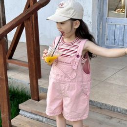 Trousers Kids Pants Summer Girls Colour Pink Strap Shorts Baby Lovely Two Piece Childrens Clothing 2024 Simple Sweet Loose Solid