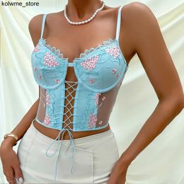 Women's Tanks Camis Floral Blue Corset Crop Tops Sexy Lace Halter Bustier Summer Slim Lingerie Tank Top Hollow Out Backless Camis Woman Outside Wear S24514