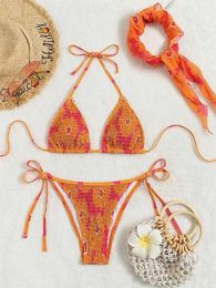 Women's Swimwear Sexy Three Piece Bikini Set Womens Orange Flower Print Pleated Push Up Mini Swimsuit 2024 Swimsuit J240510