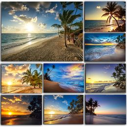 Beach Canvas Painting Posters and Prints, Clouds Coconut Nut Tree, Sunrise Seascape Image, Home Living and Bedroom Decor Unframed