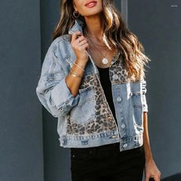 Women's Jackets Women Leopard Splicing Coat Stylish Denim Jacket With Print Accents Loose Fit Buttoned Pockets Casual For Ladies