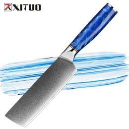 Damascus Nakiri Knife 7 Inch Professional Kitchen Knife Sharp Chef Knife Meat Cleaver Vegetable Chopping Knife Blue Resin Handle