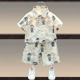 Clothing Sets Summer childrens clothing boy cotton beer pattern shirt+short sleeved 2-piece set boy party clothing handsome 2-10 years d240514