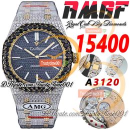 AMGF 15400 A3120 Automatic Mens Watch Big Diamond Bezel 18K Yellow Gold Paved Diamonds Black Dial Stick Markers Steel Bracelet Super Trustytime001 Iced Out Watches