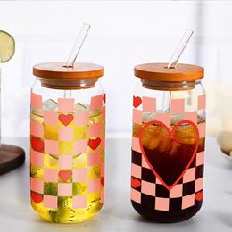 Wine Glasses 16oz Love Pattern Sublimation Glass Can With Bamboo Lid&Straw Coffee Cup Bottle Summer Drinkware Valentine's Day Gift