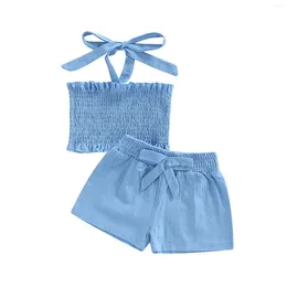 Clothing Sets Kids Infant Baby Girl Halter Tanks Vest Elastic Tops Shorts Solid Colour Pleated Decoration Casual Summer 2-7T