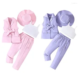 Clothing Sets 2-8Y Kids Girls Summer Outfits 4Pcs Sleeveless Belted Blazer Vest Pants Sun Hat Children Clothes 2024 Fashion Elegant