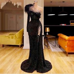 Black One Shoulder Glitter Party Dresses Feather Long sleeves Prom Dresses 2020 New Arrival Saudi Arabic Formal Kaftans Evening Gowns 201k