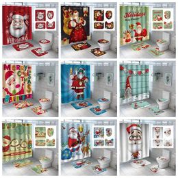 Shower Curtains 4Pcs 3D Red Santa Claus Non-slip Mat Merry Christmas Curtain Thickened U-shaped Toilet Seat Cover Home Decoration