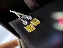 S925 silver drop square shape earring with yellow and pink white Colour diamond for women wedding Jewellery gift PS87114936810