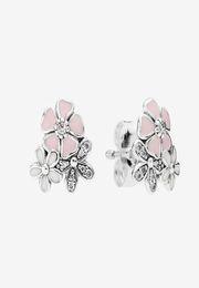 Pink flowers Stud Earrings Beautiful Women Girls Gift Jewelry with Original box for 925 Sterling Silver CZ diamond Earring set3980965