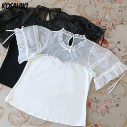 Women's Blouses Japanese Lolita JK Blouse Women Puff Sleeve Patchwork Shirts Sweet Kawaii Bow Hollow Out Ruffles Blusas Y2k Aesthetic