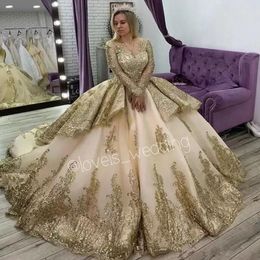 Princess Gold Quinceanera Dresses Long Sleeves Applique Beading Sweet 16 Dress Pageant Gowns vestidos de 15 2022 C0526A1 297K