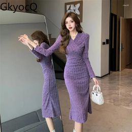Casual Dresses GkyocQ Korean Fashion Women Dress Sexy V-neck Waist Slimming Feminine Lace Fishtail Mid-length Purple Bottoming