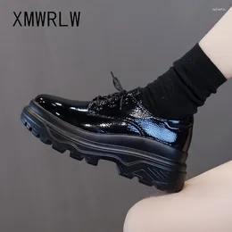 Casual Shoes XMWRLW Patent Leather Women Platform 2024 Autumn Winter Fashion Lace Up Chunky For Warm Plush Shoe