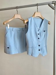 Linen V-neck mini vest short skirt set