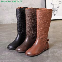 Boots Retro Flowers Totem Knee High Round Toe Low Heels Side Zipper Sewing Height Increasing Slim Shoes Spring Winter Sexy Lady