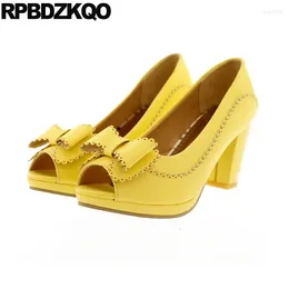 Dress Shoes High Heels Round Toe 10 42 Peep Big Size Pink Japanese Bow Women Fashionable Ladies Yellow For Wedding Chunky 4 34 Pumps
