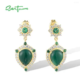 Dangle Earrings SANTUZZA Pure 925 Sterling Silver For Women Sparkling White CZ Dyed Green Agate Dangling Exquisite Fine Jewelry