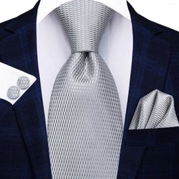 Bow Ties Hi-Tie Grey Plaid Elegant Men Tie Jacquard Necktie Accessory Daily Wear Cravat Wedding Business Party Hanky Cufflink Wholesale