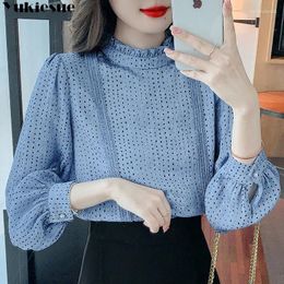 Women's Blouses Korean Elegant Spring Summer Sweet Chic Lace Patchwork Chiffon Shirts Stand Collar Polka Dot Print Long Sleeve Top Women