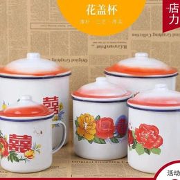 Mugs Classic Nostalgic Enamelled Cup Iron Tea Container Large Office Restaurant With Lid Old-Fashioned Double Happiness Wedding W