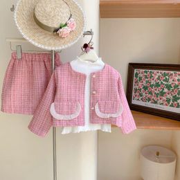 Clothing Sets Girls' Set 2024 Autumn Lace Woolen Coat Wrap Hip Skirt Korean Style Two Piece Fashionable And Versatile Girl Clothes