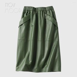 Skirts Novmoop Zealand Fashion Style Women Black Green High Waist Lambskin Genuine Leather Skirt With Double Pocket Decor LT3043