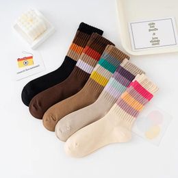 Women Socks 5 Pairs 1 Set Cotton Middle Tube Breathable Fashion Harajuku Cute Rainbow Stripes Pack Wholesale Girls Gift