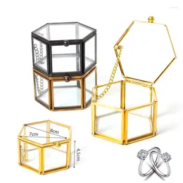 Storage Boxes Hexagon Transparent Gold Glass Ring Box Wedding Geometric Clear Jewelry Organizer TabletopHolder