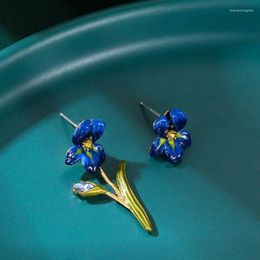 Stud Earrings Enamel Glaze Blue Iris 925 Silver Needle Allergy Prevention Simple Generous Plant Flowers Jewelry Goddess Gift