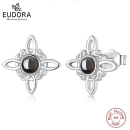 Eudora 925 Sterling Silver Witch Knot Earrings for Women Obsidian Irish Celtic Knot Stud Earrings Witchcraft Jewellery Party Gift 240506