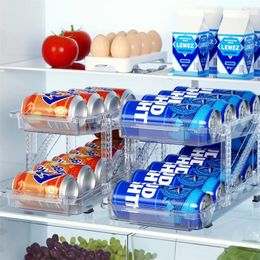 Kitchen Storage Soda Can Dispenser For Refrigerator 2-Tier Rolling Transparent Organizer Bins Beverage Bottle Holder Rack