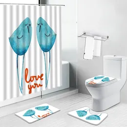 Shower Curtains Blue Flamingo Cartoon Animal Chinese Style Flower Bird Bathroom Curtain Non-Slip Bath Mat Toilet Cover Rugs Set