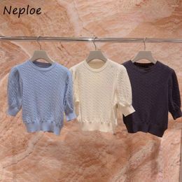 Women's Sweaters Neploe O Neck Puff Sleeve Elegant Simple Jumper Sweet Half Temperament All-match Pullovers Japan Knit Moda Tops