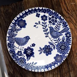 Plates Paper Cuttings Flower Blue Ceramic Plate American Rural Flat Dumpling Decorative Simple Dish Noodles Bowl