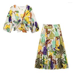 Skirts Women Floral Print Long Shirt And Half Skirt Suit Summer 2024 Casual Sexy Lace-up Crop Tops Loose High Waist Women's Set