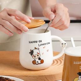 Mugs 350ml Creative Animal Ceramic Kawaii Cow Coffee Mug With Lid Spoon Cup Breakfast Ladies Afternoon Tea Cups
