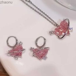 Earrings Necklace Fashionable New Earring Necklace Set for Womens Heart shaped Zircon Pink Crystal Pendant Necklace for Womens Jewellery Exquisite Gifts XW