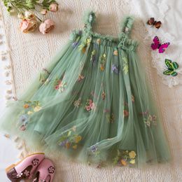 Baby Girl Clothes 2024 Fluffy Mesh Suspender Dress Embroidery Flower Vintage Princess Dress Toddler Kids Birthday Party Wear 240513