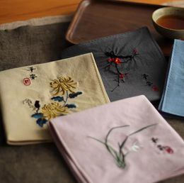 Plum Orchid, Bamboo, Chrysanthemum, Chinese Style Embroidered Handkerchief, Ancient Style Gift, Men's and Women's Sweat-absorbing Handkerchief, Pure Cotton Square Scarf