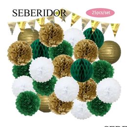 Other Event Party Supplies Christmas Favour Gold Green Set Hanging Round Paper Lantern Banner Honeycomb Ball For Kids Boy Girl Bapt Dh4B6