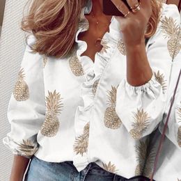Women's Blouses Women Blouse Ruffles V-neck Pullover Tops Spring Summer Long Sleeve Black White Pineapple Print Office Lady Formal Wear