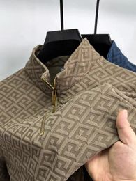 High end geometric jacquard sweater mens zippered stand up collar long sleeved T-shirt autumn fashion brand loose zipper 240511