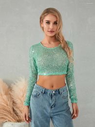 Women's T Shirts Womens Full Sequin Cropped Tops Long Sleeve Round Neck Show Navel Glitter Sparkle Party Blouses Skin Friendly S-XL