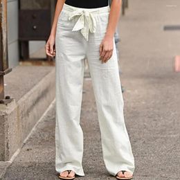 Women's Pants Elastic Waist Solid Colour Women Trousers Thin Straight Wide Leg Belt Long Floor-Length Casual Trouser Clothing
