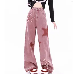 Women's Jeans Red Fashionable Casual Loose Wide Leg Denim Pants Low Waist Embroidered Trousers Harajuku Street Style