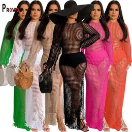 Casual Dresses Prowow Sexy Crochet Hollow Out Women Maxi Dress 2024 Long Sleeve Tassel Female Beach Outfits Cover-ups Vacation Clothing