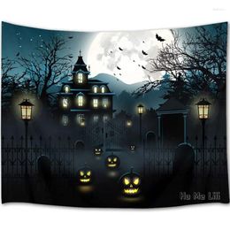 Tapestries Halloween Scary Pumpkin Night By Ho Me Lili Tapestry Haunted House Castle Building With Fence Bat For Room Decor